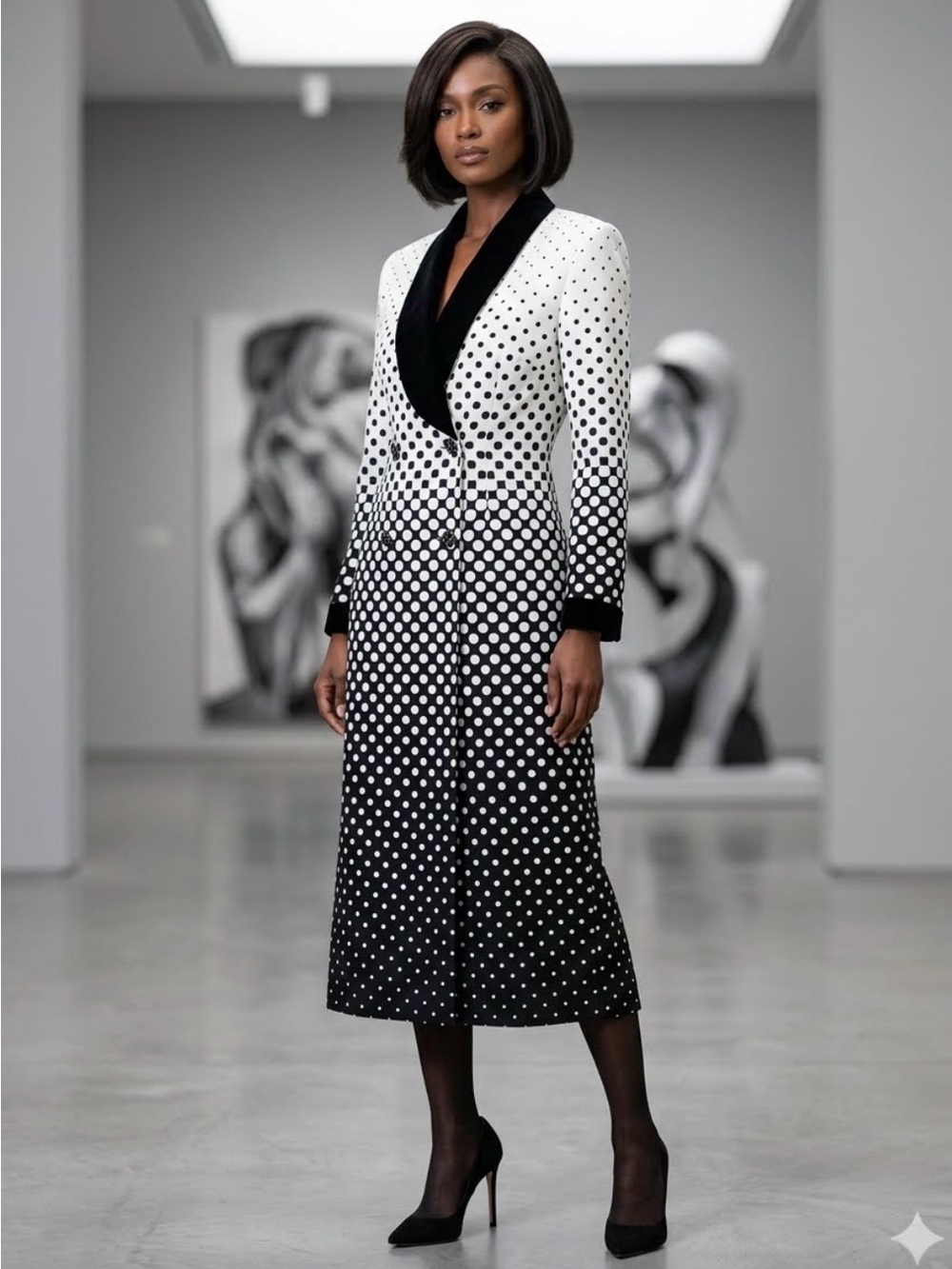 Vtg Lily & Taylor 12 Coat Dress White Black Polka Dot Rhinestone Satin Collar